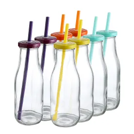 14 Oz Glass Milk Bottles with Colorful Metal Twist Lids and Straws, Reusable for Milk