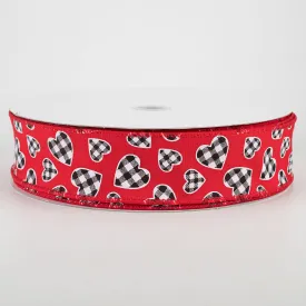 1.5" Buffalo Check Heart Ribbon: Red (50 Yards)