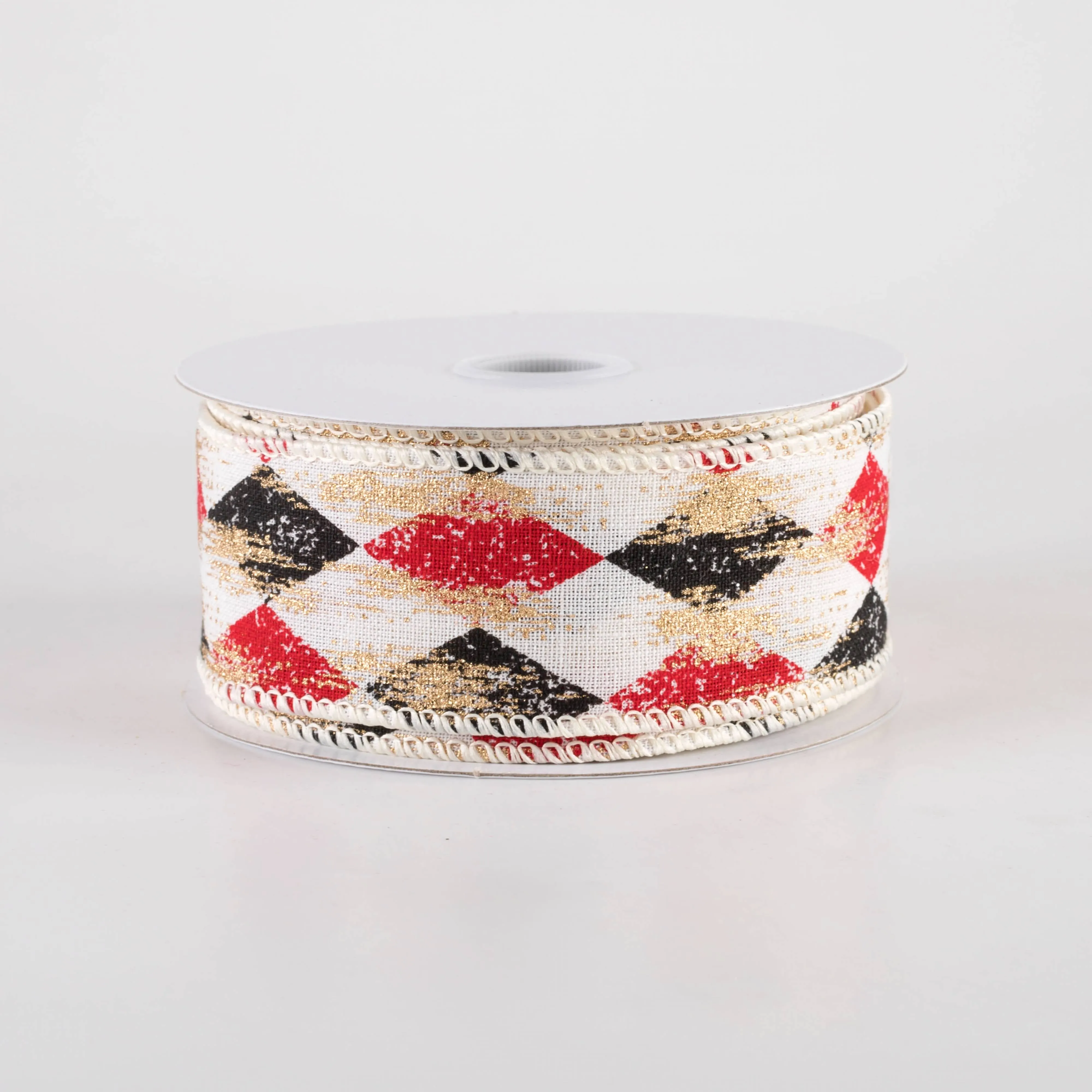 1.5" Canvas Harlequin Gold Painted Ribbon: Cream, Red & Black (10 Yards)