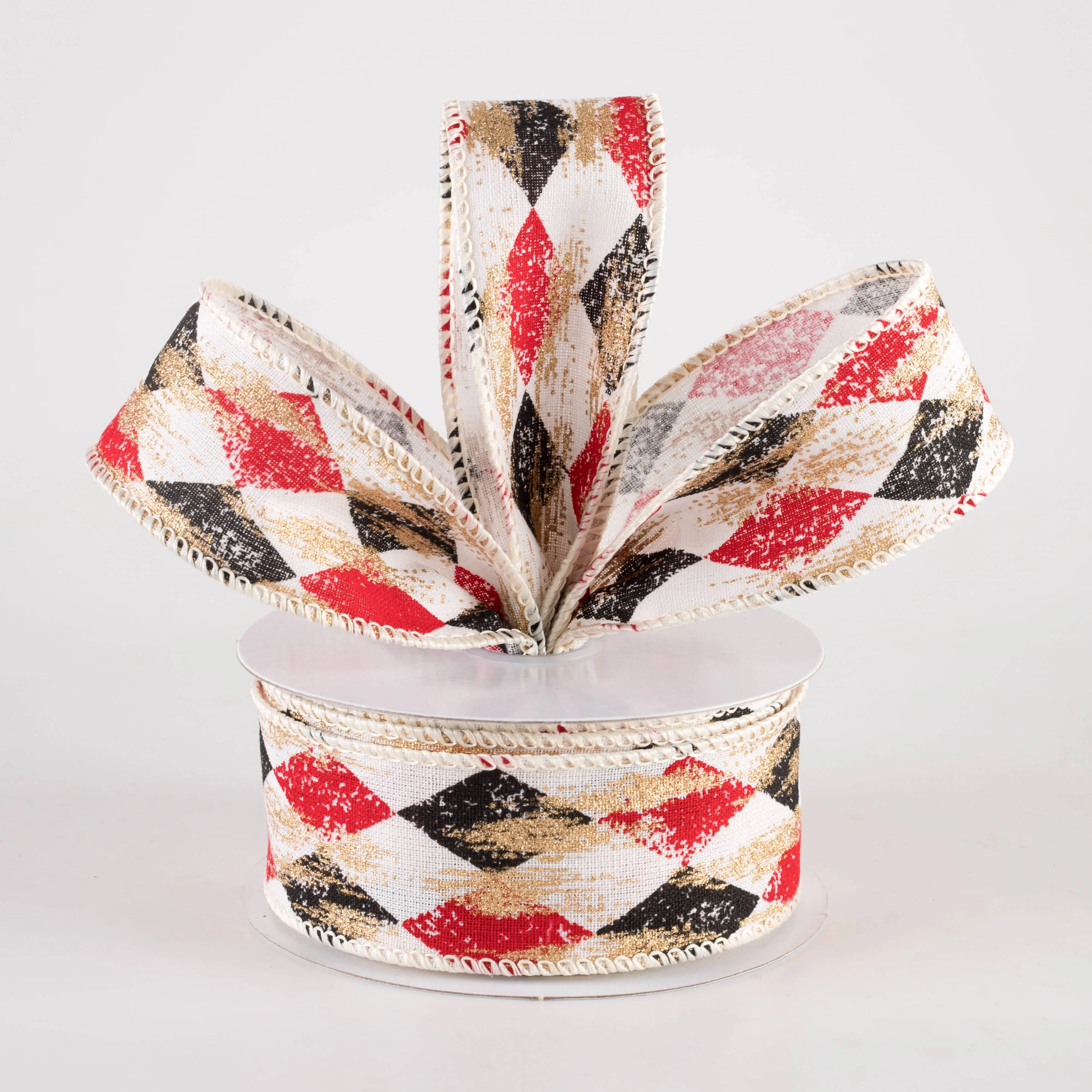 1.5" Canvas Harlequin Gold Painted Ribbon: Cream, Red & Black (10 Yards)