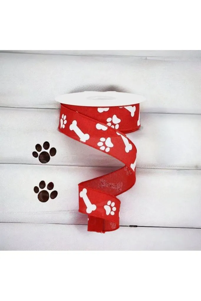 1.5" Paw Print Royal Ribbon: Red & White (10 Yards)