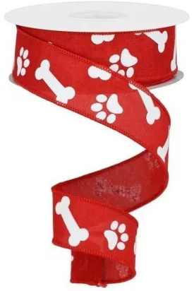 1.5" Paw Print Royal Ribbon: Red & White (10 Yards)