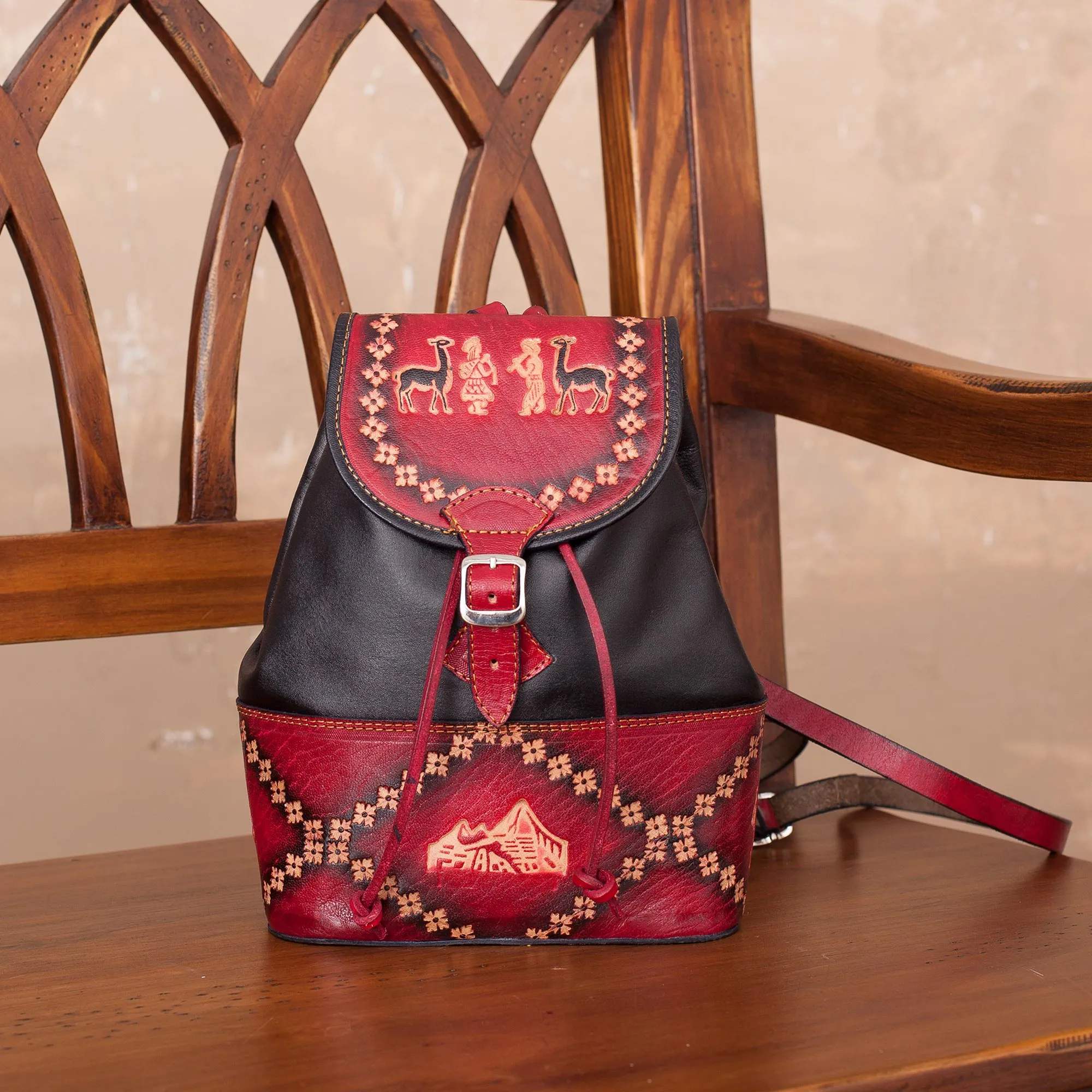 Ancient Elegance Black & Red Leather Backpack