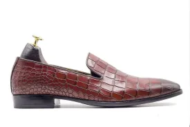 Awesome Handmade Men's Burgundy Alligator Textured Leather Loafers, Men Dress Formal Party Loafers