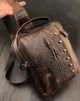 Badass Brown Leather Men's Sling Bag Chest Bag One shoulder Backpack Sling Bag For Men