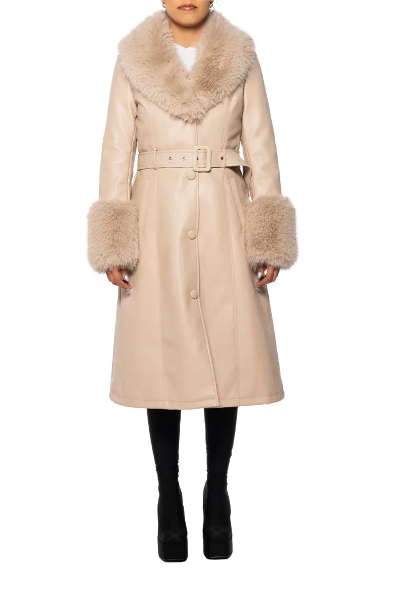 BEIGE FAUX FUR LEATHER COAT