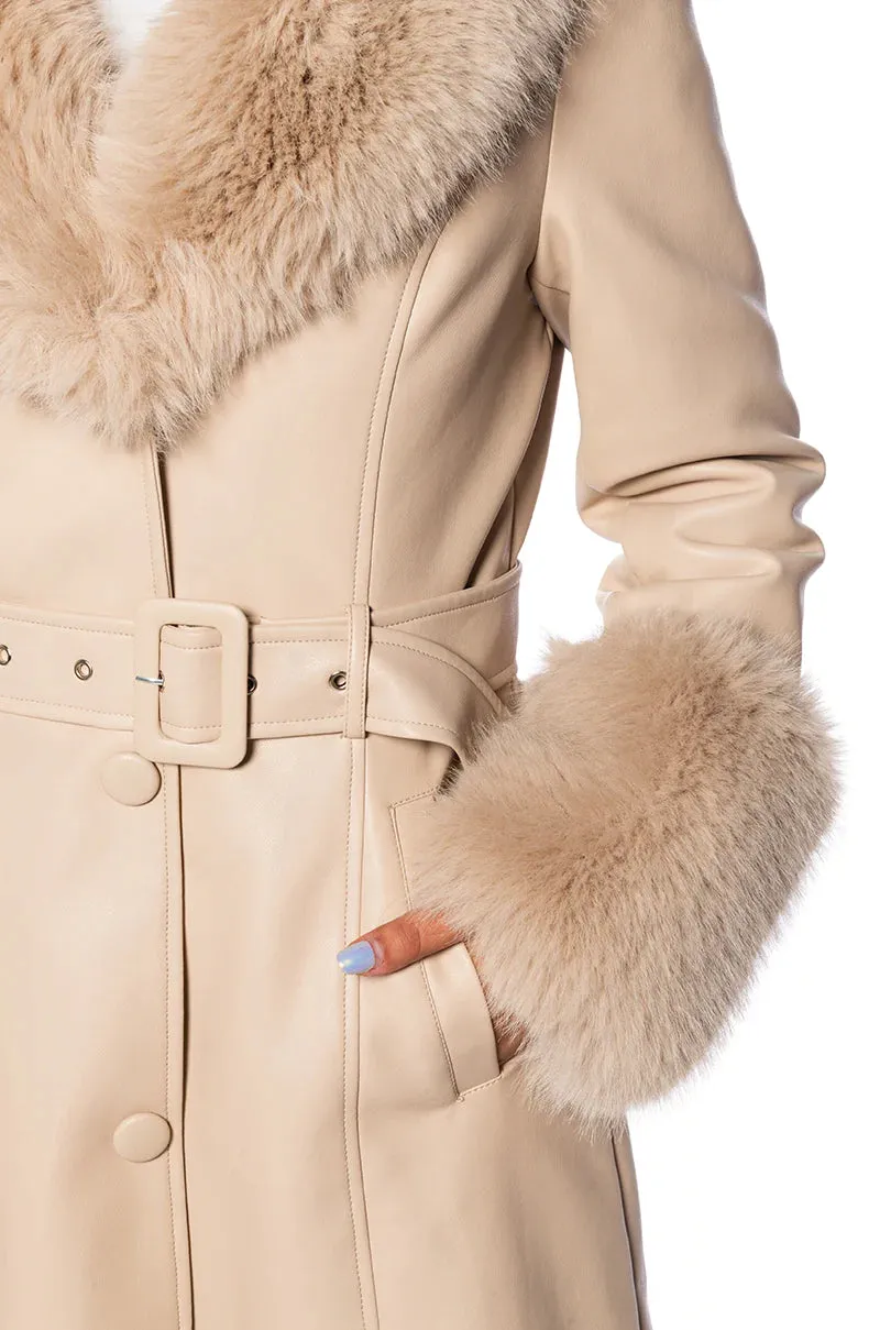 BEIGE FAUX FUR LEATHER COAT