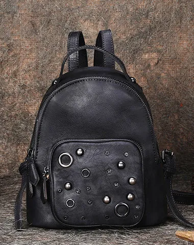 Best Vintage Rivet Brown Leather Rucksack Womens Small School Backpacks Leather Backpack Purse