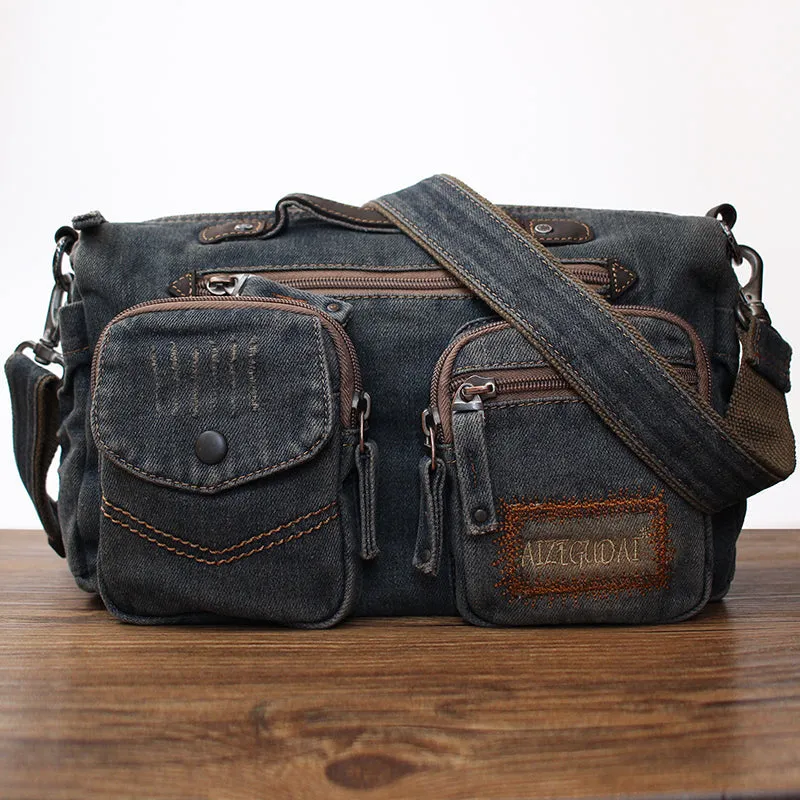 Black Denim Side Bag Mens Denim Messenger Bags Vintage Denim Crossbody Bag For Women