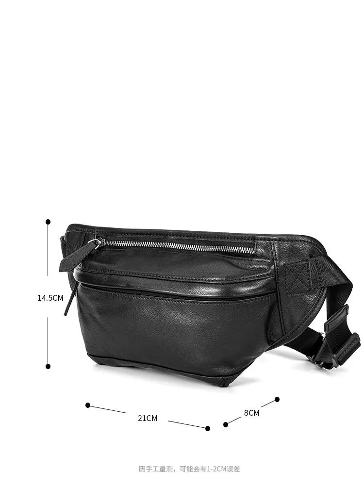 Black Leather Mens Waist Bag Fanny Pack Sling Bag Chest Bag Black One Shoulder Backpack for Men