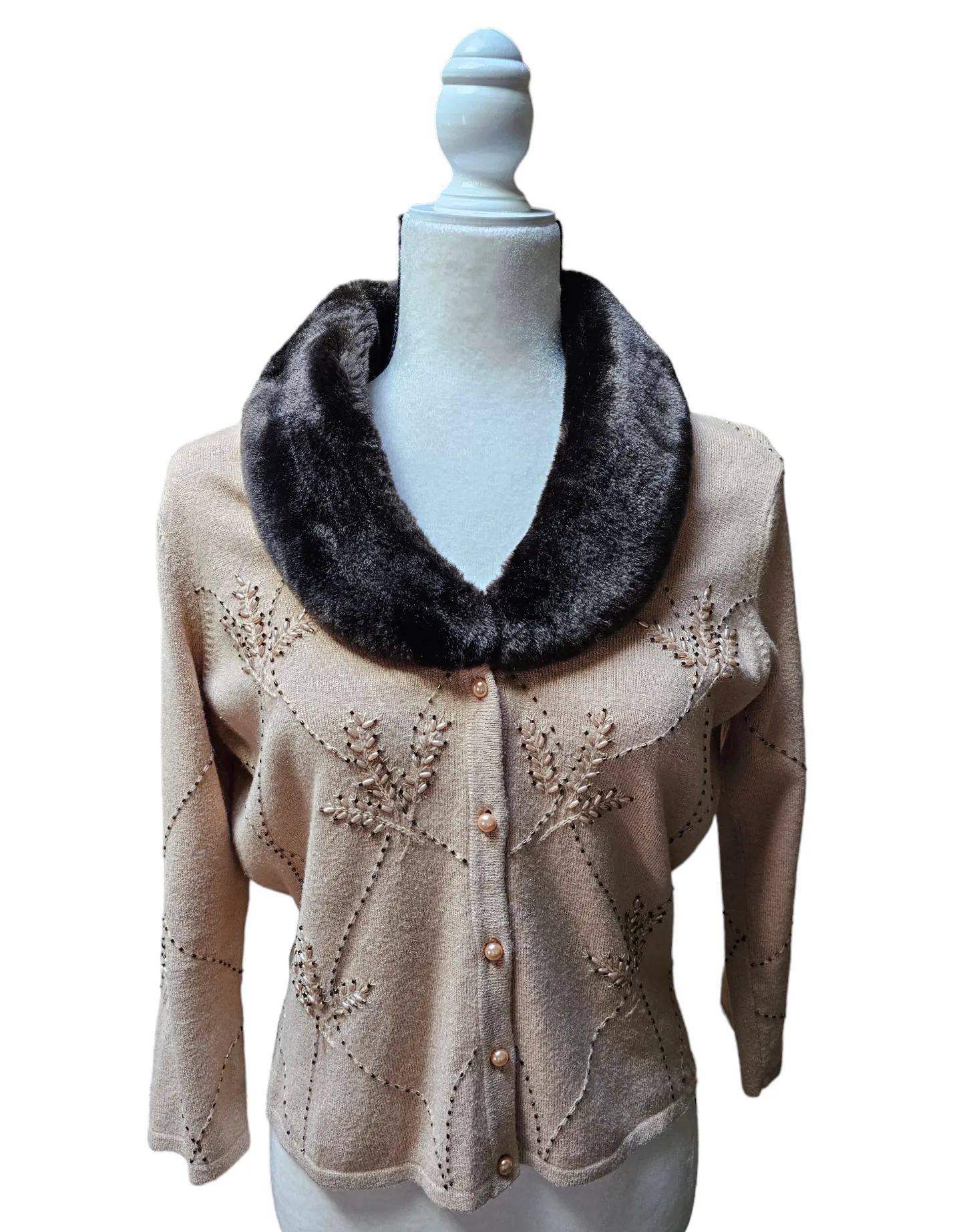 Cache Hand Beaded Silk Cashmere Spandex Sweater Faux Fur Detachable Collar