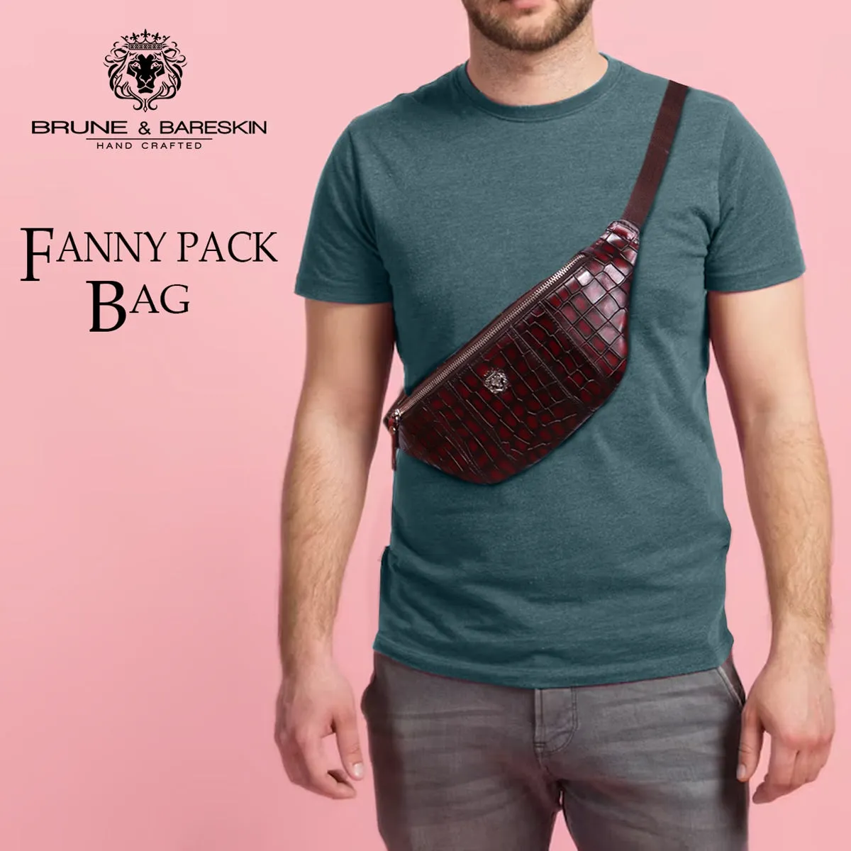 Chest Bag Fanny Pack Bag in Smokey Wine Croco Textured Leather