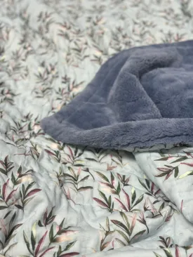 Cloud Grey Leaves Printed Two In One Fur Quilt With Grey Fur