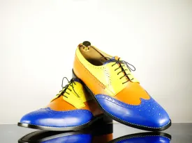 Handmade Men's Multi Color Leather Wing Tip Brogue Lace Up Shoes, Men Designer Dress Formal Luxury Shoes