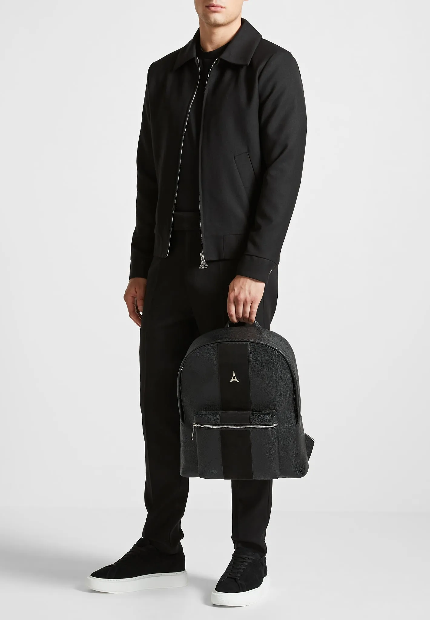 Leather Backpack with Suede Panel - Black