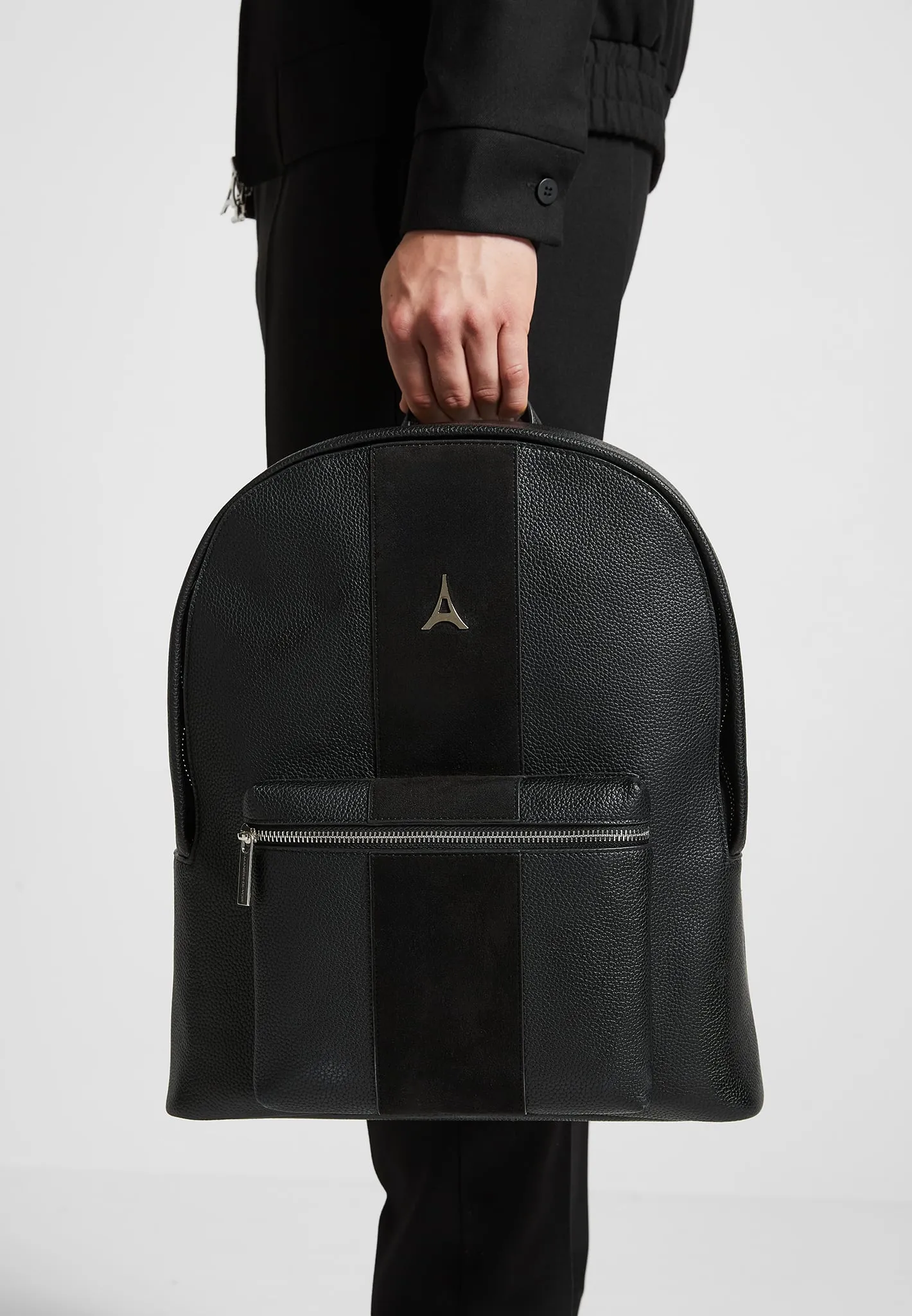 Leather Backpack with Suede Panel - Black