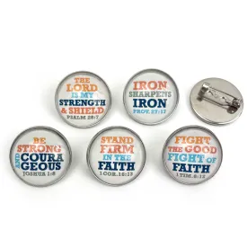 "Iron Sharpens Iron" Set of Glass Pinback Buttons, Lapel Pins