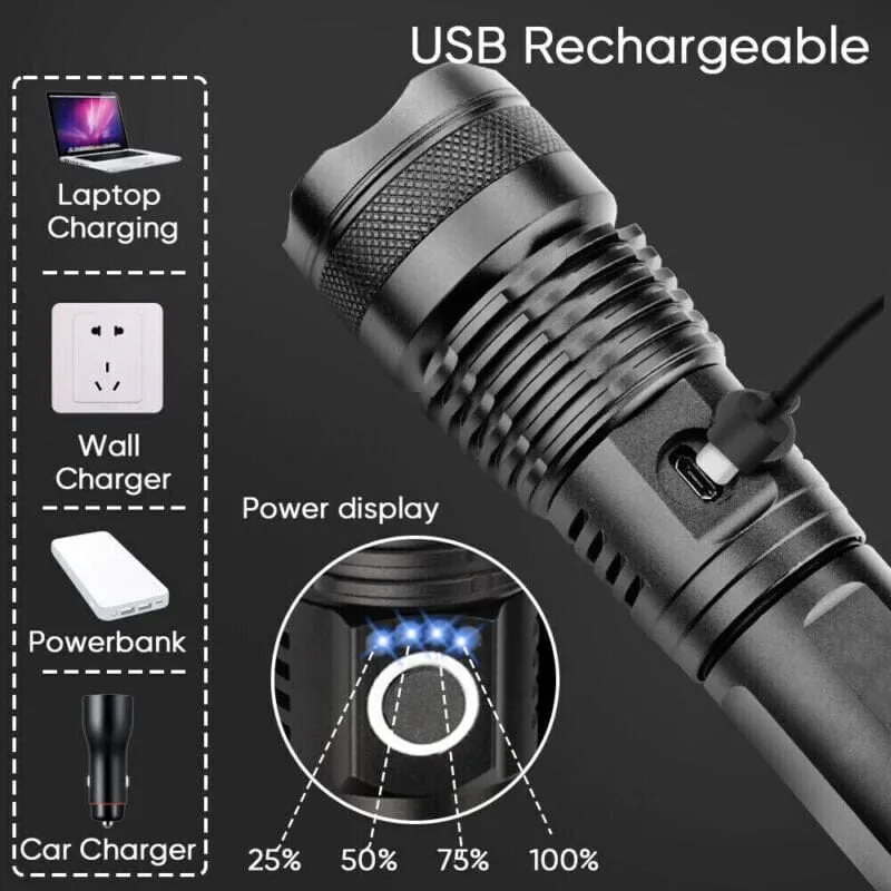 SMAXPro™ Powerful Rechargeable Zoom Flashlight: 4 Bulbs, XHP70.2 Core, Waterproof