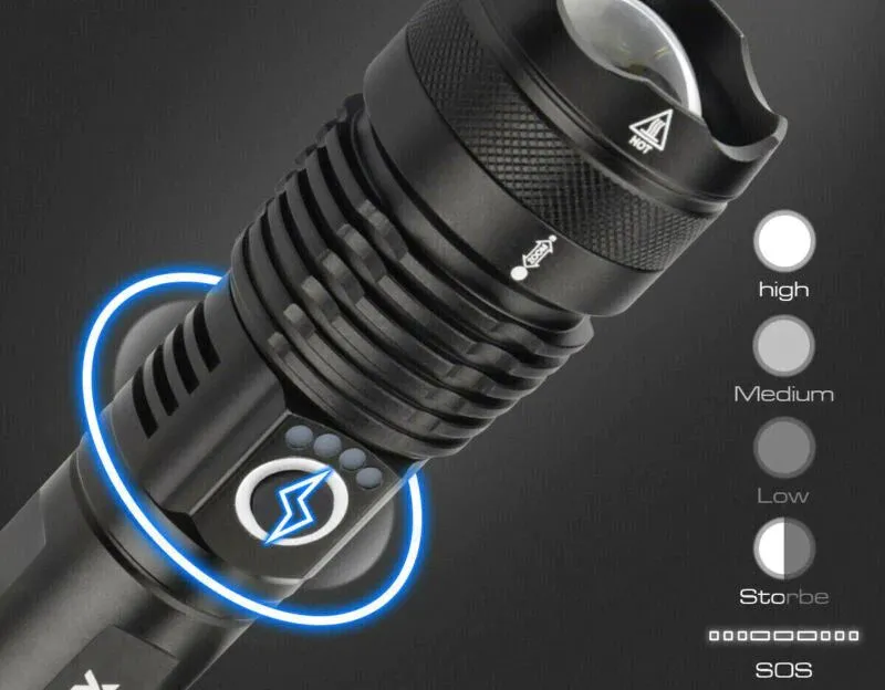 SMAXPro™ Powerful Rechargeable Zoom Flashlight: 4 Bulbs, XHP70.2 Core, Waterproof