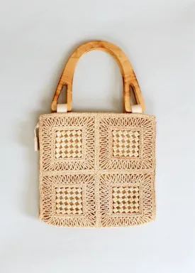 Vintage 1970s Woven Straw Tote Purse with Wood Handles